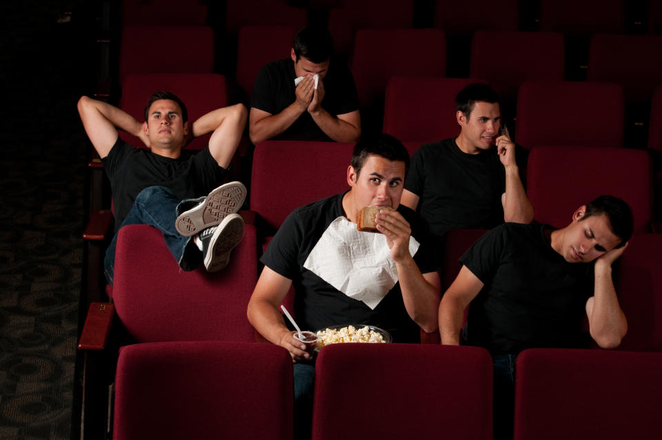 Composite image of the same guy doing multiple annoying things at the theater.  Feet on the seat, eating, blowing nose, talking on phone, sleeping.