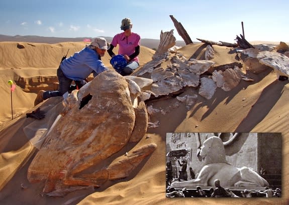 Archaeologists unearth one of the giant sphinxes from the film, "The Ten Commandments."