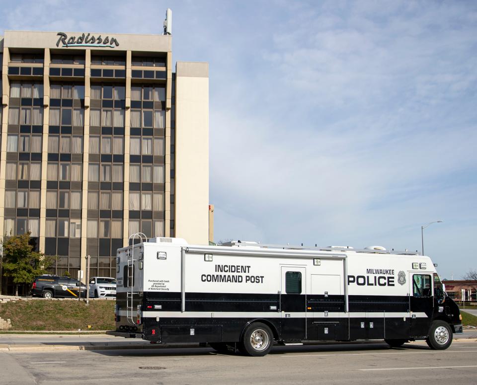 The Milwaukee Police Incident Command Post arrives at the Radisson Hotel, Nov. 7, 2021, in Wauwatosa.