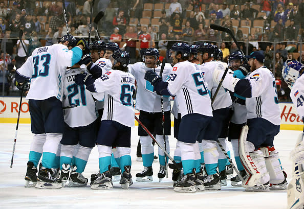 TORONTO, ON - SEPTEMBER 25: Team Europe celebrate their overtime victory over Team Sweden at the semifinal game during the World Cup of Hockey 2016 at Air Canada Centre on September 25, 2016 in Toronto, Canada. (Photo by Dave Sandford/World Cup of Hockey via Getty Images)