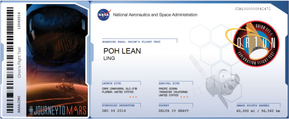 Boarding Pass for Orion Test Flight.