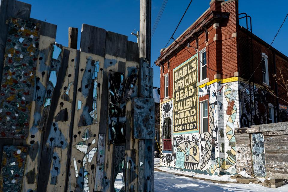 A small section of an installation by visionary storyteller, creative place-maker, and muralist Olayami Dabls at Dabls MBAD African Bead Museum in Detroit on Wednesday, January 26, 2022. Dabls has been named the 2022 Kresge Eminent Artist, an annual metro Detroit award celebrating lifetime achievement in art.