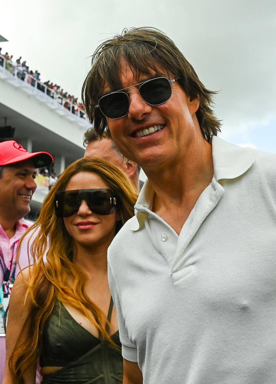 US actor Tom Cruise (R) and Colombian singer Shakira (L) attend the 2023 Miami Formula One Grand Prix at the Miami International Autodrome in Miami Gardens, Florida, on May 7, 2023. (Photo by CHANDAN KHANNA / AFP) (Photo by CHANDAN KHANNA/AFP via Getty Images)