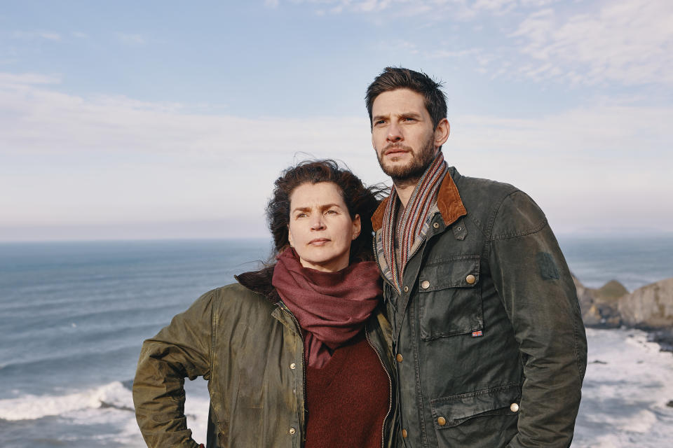 This image released by Acorn TV shows Julia Ormond, left, and Ben Barnes in "Gold Digger" debuting Monday, May 4, on Acorn TV. (Nike Hogan/Acorn TV via AP)