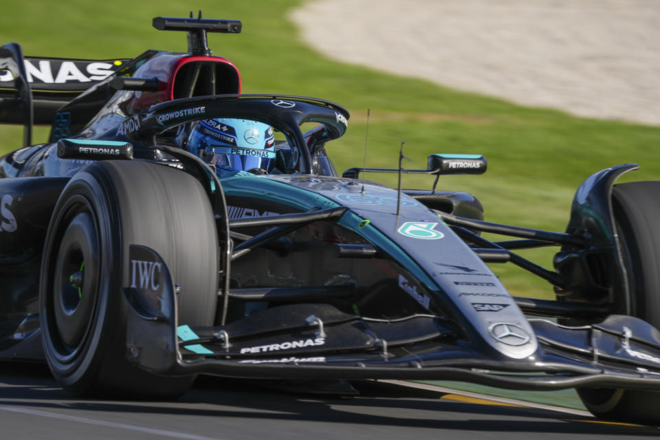 Mercedes driver George Russell of Britain steers his car during the Australian Formula One Grand Prix at Albert Park, in Melbourne, Australia, Sunday, March 24, 2024. (AP Photo/Asanka Brendon Ratnayake)