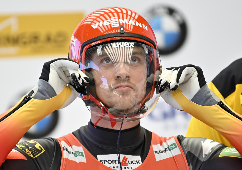 Johannes Ludwig of Germany prepares to compete, during a men's World Luge Championships event in Krasnaya Polyana, near the Black Sea resort of Sochi, southern Russia, Sunday, Feb. 16, 2020. (AP Photo/Artur Lebedev)