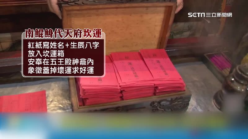 台南南鯤鯓代天府也有改運法寶「坎運箱」，信眾拿紅紙寫下生辰八字放進去，象徵蓋掉壞運祈求好運。