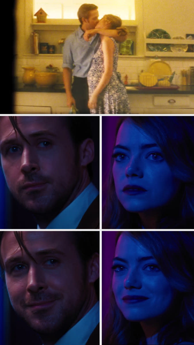 Sebastian and Mia looking at each other lovingly in Sebastian's jazz club