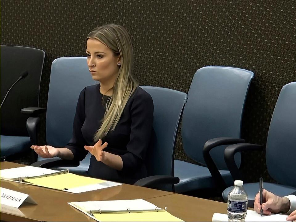Sarah Matthews, a former White House deputy press secretary, is shown giving a video deposition to the House select committee investigating the Jan. 6 attack on the U.S. Capitol, during a clip that was played at the hearing on Thursday, June 16, 2022, on Capitol Hill in Washington.