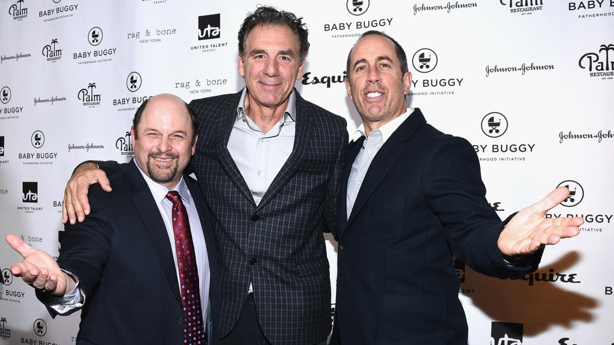 BEVERLY HILLS, CA - MARCH 04:  (L-R) Actors Jason Alexander, Michael Richards and host Jerry Seinfeld attend the Inaugural Los Angeles Fatherhood Lunch to Benefit Baby Buggy hosted by Jerry Seinfeld at The Palm Restaurant on March 4, 2015 in Beverly Hills, California.