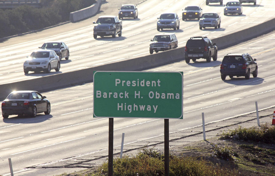 Signs have gone up naming a section of a Los Angeles-area freeway as the President Barack H. Obama Highway, seen from Pasadena, Calif., Thursday, Dec. 20, 2018. The signs posted Thursday on State Route 134 apply to a stretch running from State Route 2 in Glendale, Calif., through the Eagle Rock section of Los Angeles to Interstate 210 in Pasadena. The former president attended Occidental College in Eagle Rock from 1979 to 1981 and lived in Pasadena. (AP Photo/John Antczak)
