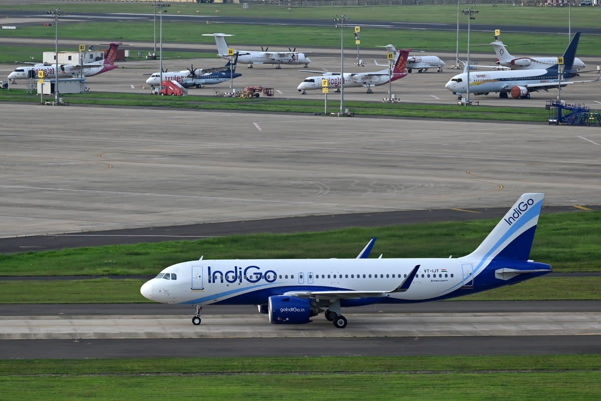 File: An IndiGo Airline passenger aircraft prepares to take-off from the Anna International Airport on the occasion of the International Day of the Air Traffic Controller, in Chennai on 20 October 2022 (AFP via Getty Images)