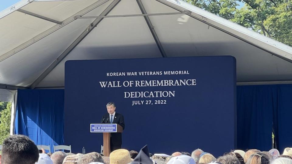 Cho Tae-yong, South Korean Ambassador for the United States at the Korean War Veterans Memorial in Arlington, Virginia.