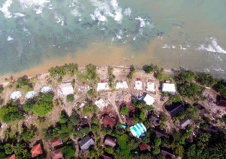 An aerial view after a tsunami hit Carita district in Pandeglang, Banten province, Indonesia, December 24, 2018 in this photo taken by Antara Foto. Antara Foto/Akbar Nugroho Gumay/via REUTERS