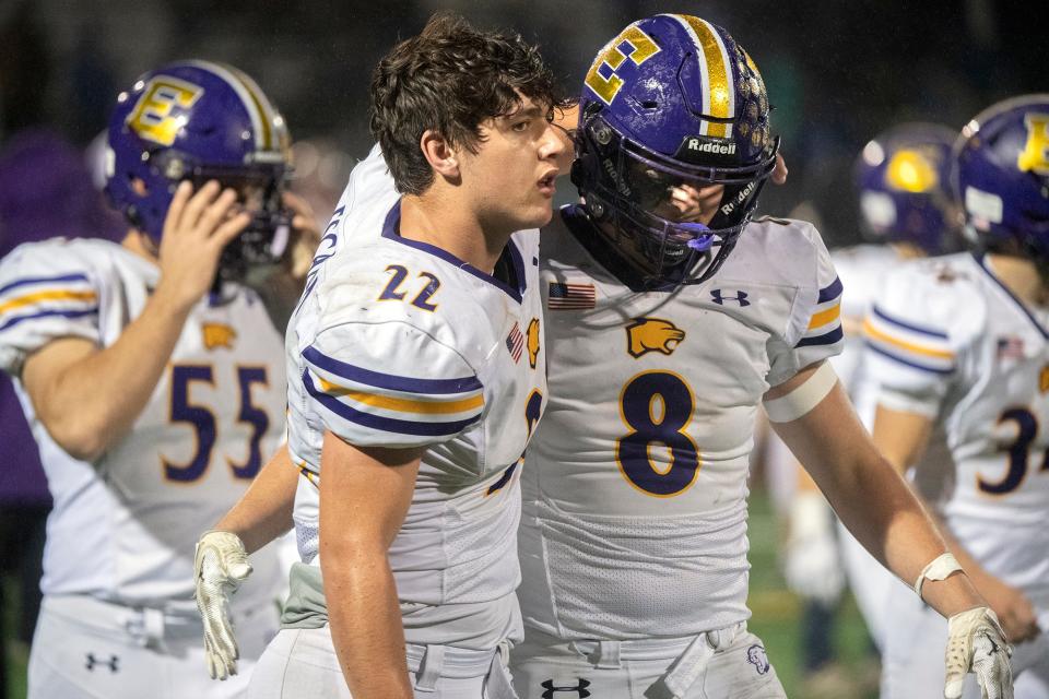 Escalon's Nate Krieger, left, comforts teammate Carson Medina after the team lost the 2023 CIF Div. 3-AA State Football Championship semifinal game at Acalanes High School in Lafayette in Dec. 1, 2023. Acalanes won 49-14,