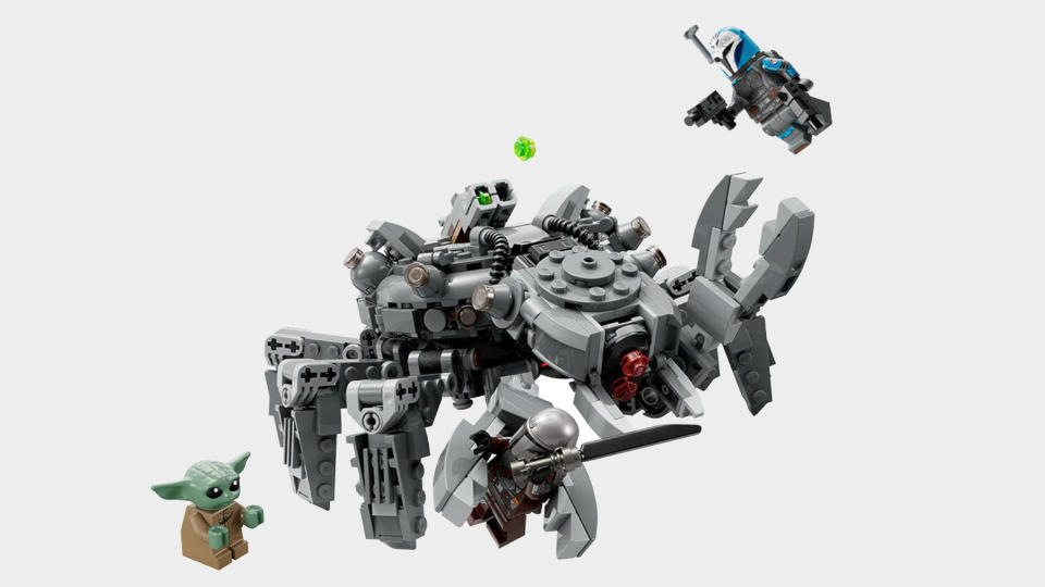 Lego Spider Tank being attacked by Bo-Katan, the Mandalorian, and Grogu