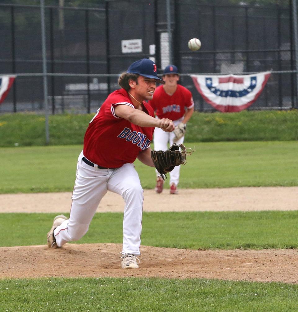 Booma starting pitcher Carmine Zingariello delivers a pitch against Nashua on Wednesday in a Senior American Legion baseball game at Leary Field in Portsmouth.  Zingariello allowed one hit over six scoreless innings in Booma's 1-0 win.