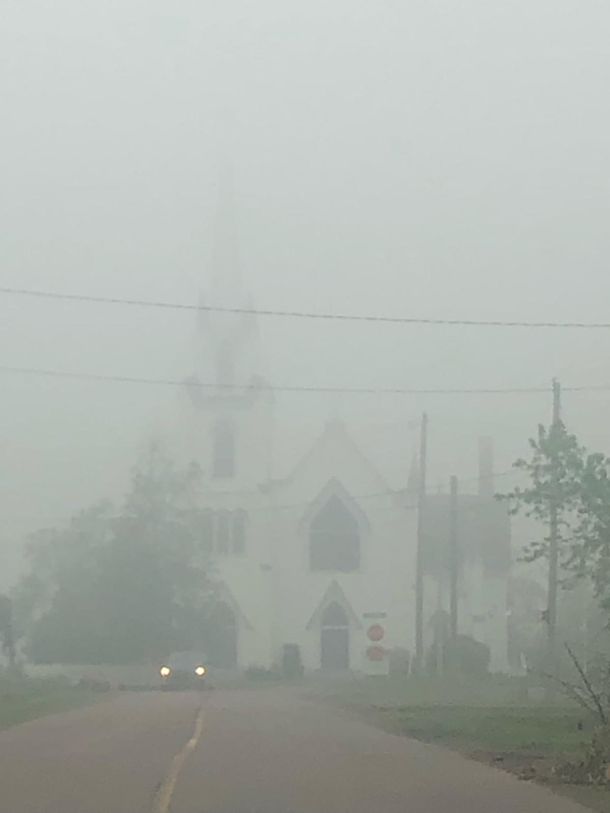 Smoke from a Quebec wildfire shrouded the ground in Tracadie, P.E.I., on June 26, 2023.  (Submitted by Marian White - image credit)