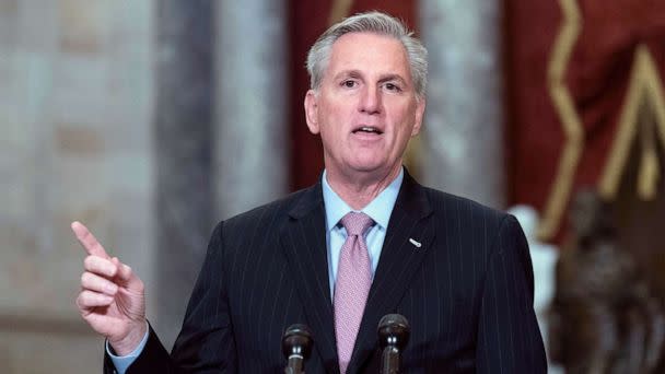 PHOTO: Speaker of the House Kevin McCarthy, speaks during a news conference in Statuary Hall at the Capitol in Washington, Jan. 12, 2023. (Jose Luis Magana/AP)