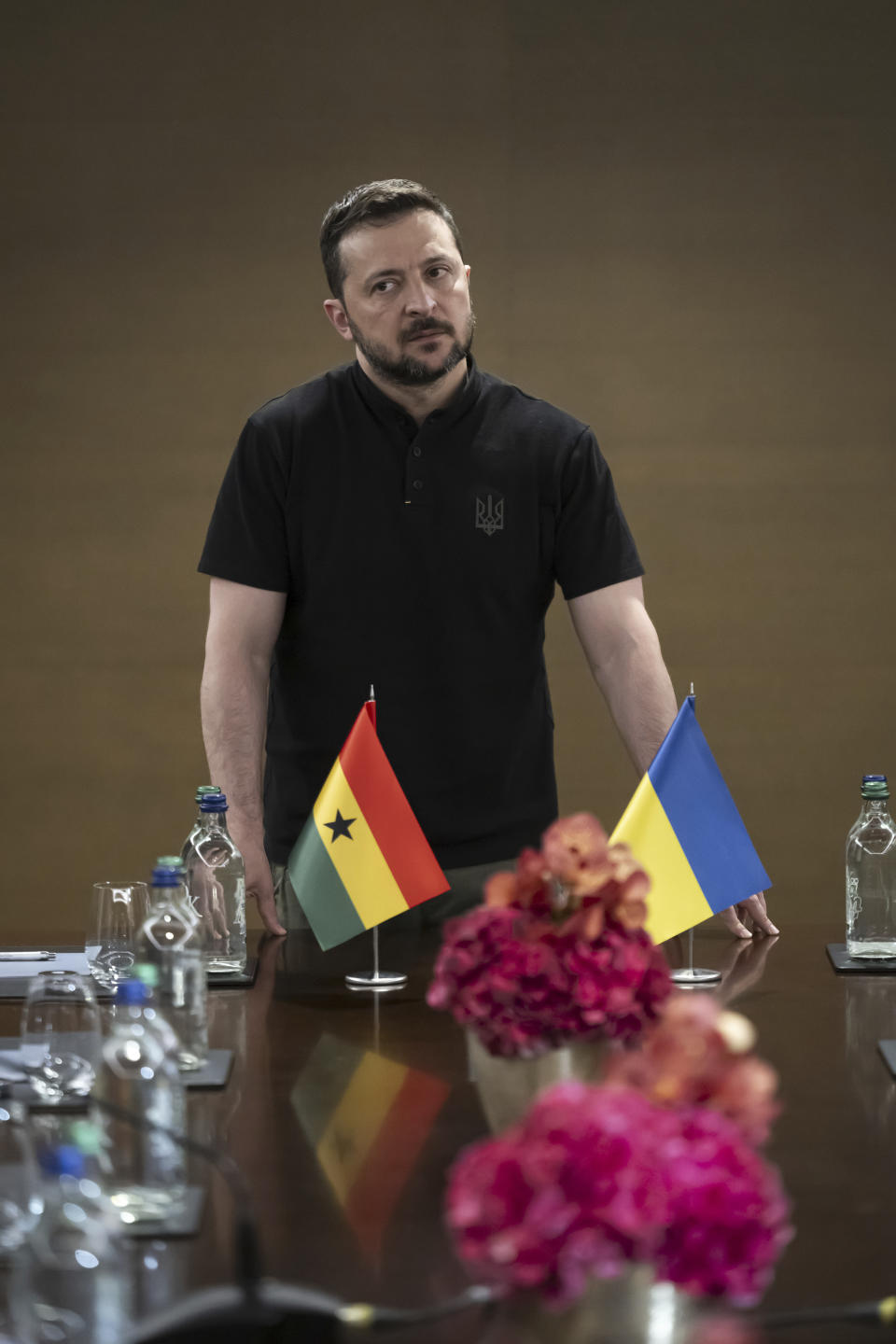 Ukrainian President Volodymyr Zelenskyy waits for a meeting with Ghana's President Nana Addo Dankwa Akufo-Addo during the Summit on peace in Ukraine, in Obbürgen, Switzerland, Sunday, June 16, 2024. (Alessandro della Valle/Keystone via AP)