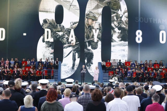 The King and Queen on stage during the UK’s national commemorative event for the 80th anniversary of D-Day, hosted by the Ministry of Defence on Southsea Common in Portsmouth, Hampshire