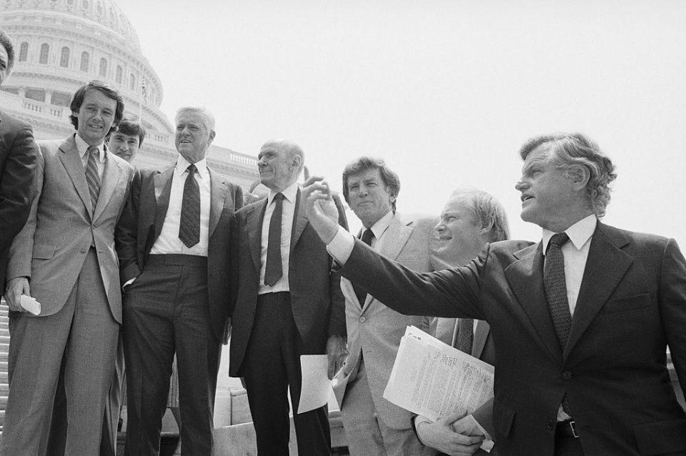 Members of Congress opposed to the MX missile hold a rally on the Capitol steps on June 14, 1983. From left to right: Rep. Edward Markey; Sen. Ernest Hollings; Sen. Alan Cranston; Sen. Gary Hart; Rep. Jim Leach; and Sen. Edward Kennedy. / Credit: Bettmann / Getty Images