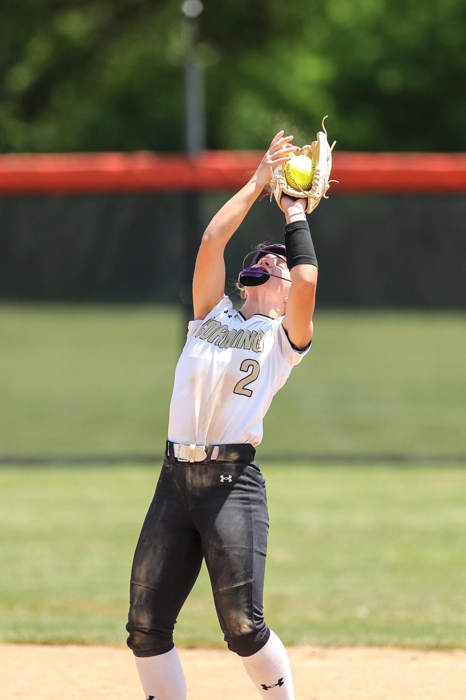 Kendall Curreri from Corning makes the catch for an out during a 13-2 loss to Monroe-Woodbury in a NYSPHSAA Class AA softball regional semifinal May 30, 2023 at Union-Endicott.