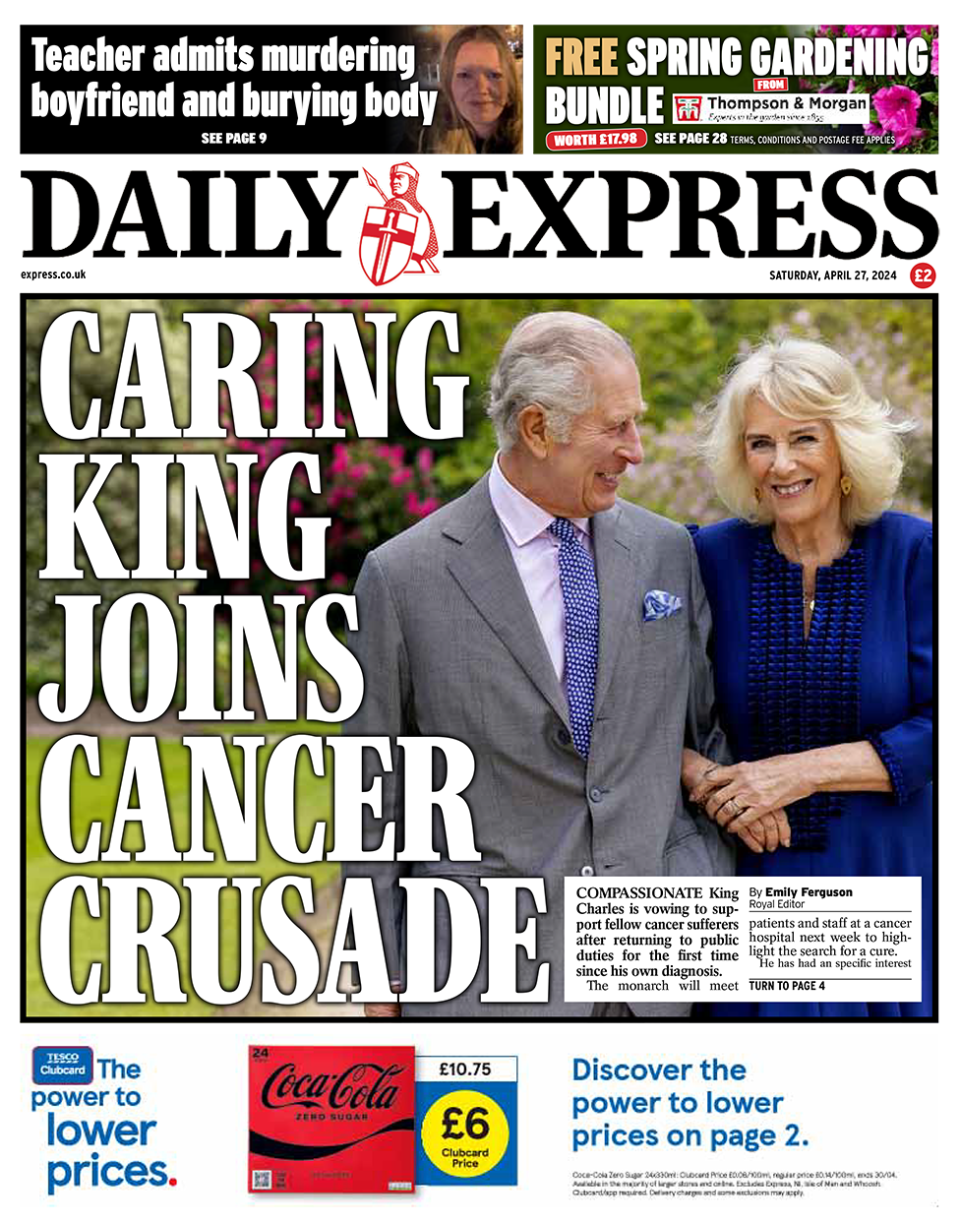 The headline in the Express reads: "Caring King joins cancer crusade".