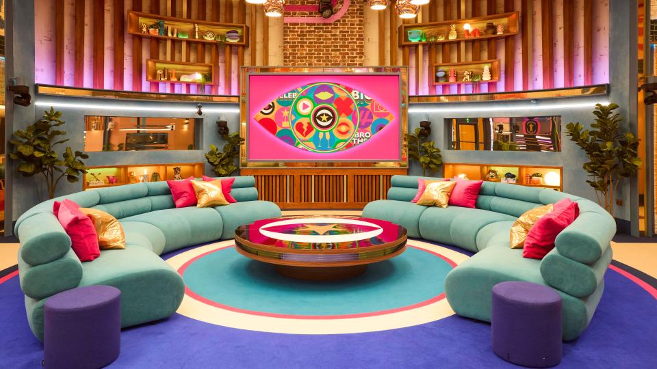 The central TV and sofas from Celebrity Big Brother 2024 house