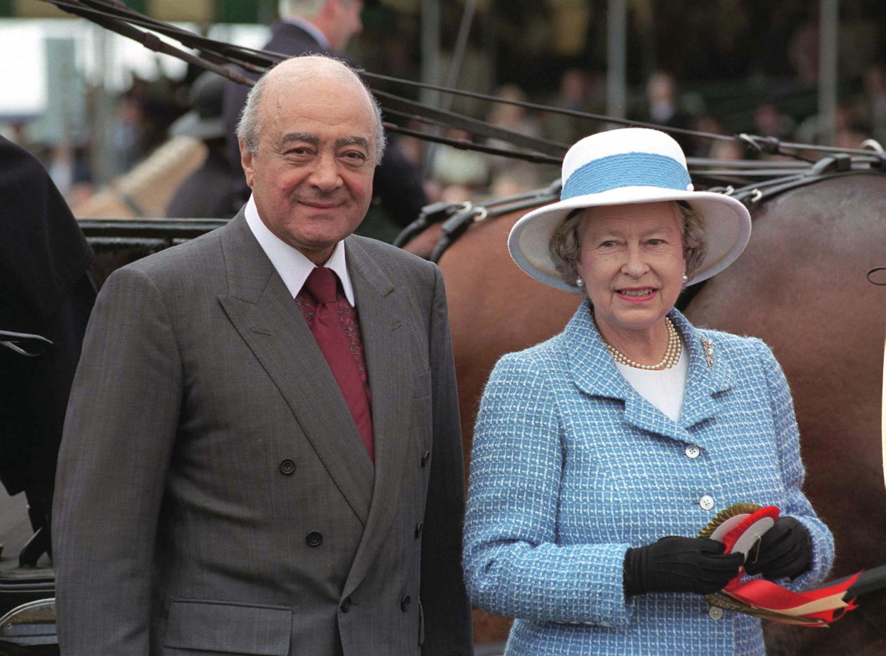 WINDSOR, UNITED KINGDOM - MAY 18:  The Queen With Mohammed Al Fayed, Owner Of Harrods - The Sponsors Of The Royal Windsor Horse Show  (Photo by Tim Graham Photo Library via Getty Images)