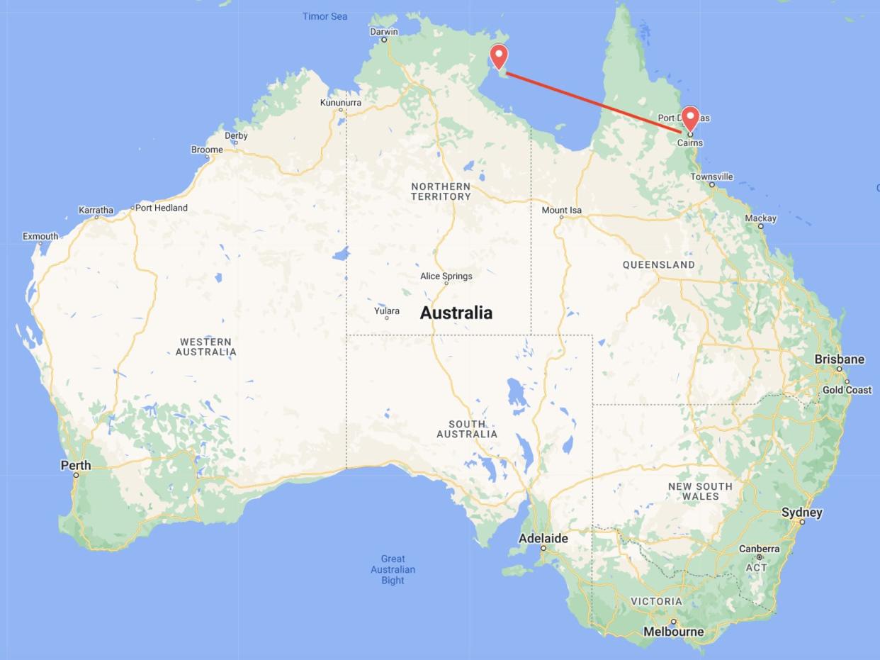 A map of Australia showing the locations of Cairns and Groote Eylandt