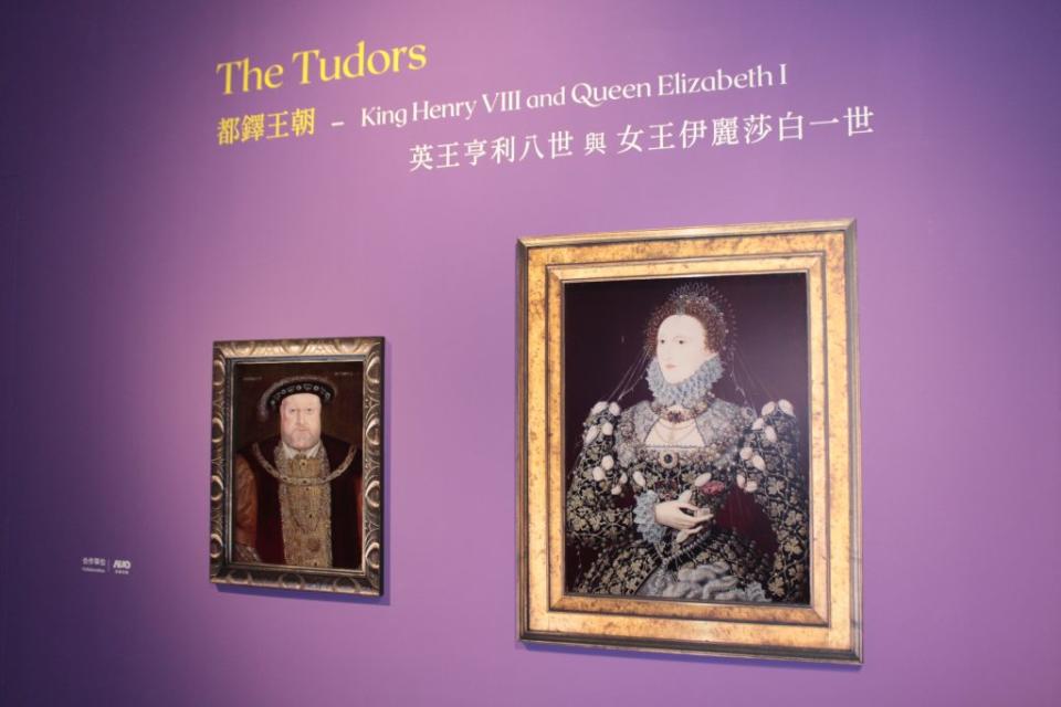 奇美博物館國際大展《時代的臉孔》二十七日開展 ，入口是英王亨利八世與女王伊麗莎白一世的數位肖像。（記者黃文記攝）
