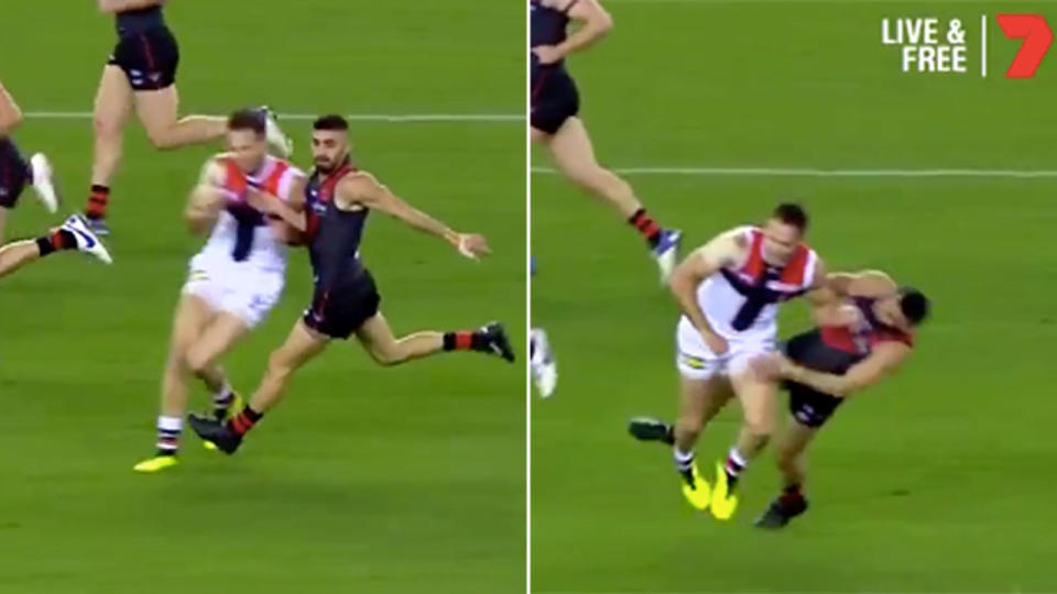 Essendon’s Adam Saad was rocked by a brutal late-bump from St Kilda’s Nathan Brown. Pic: 7AFL