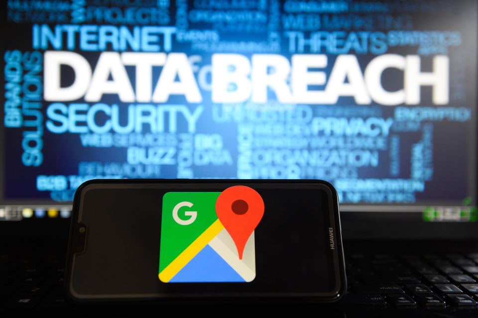 Google Maps logo is seen on a Huawei smart phone with the word Data breach on a laptop monitor. (Photo by Omar Marques/SOPA Images/SOPA Images/LightRocket via Getty Images)