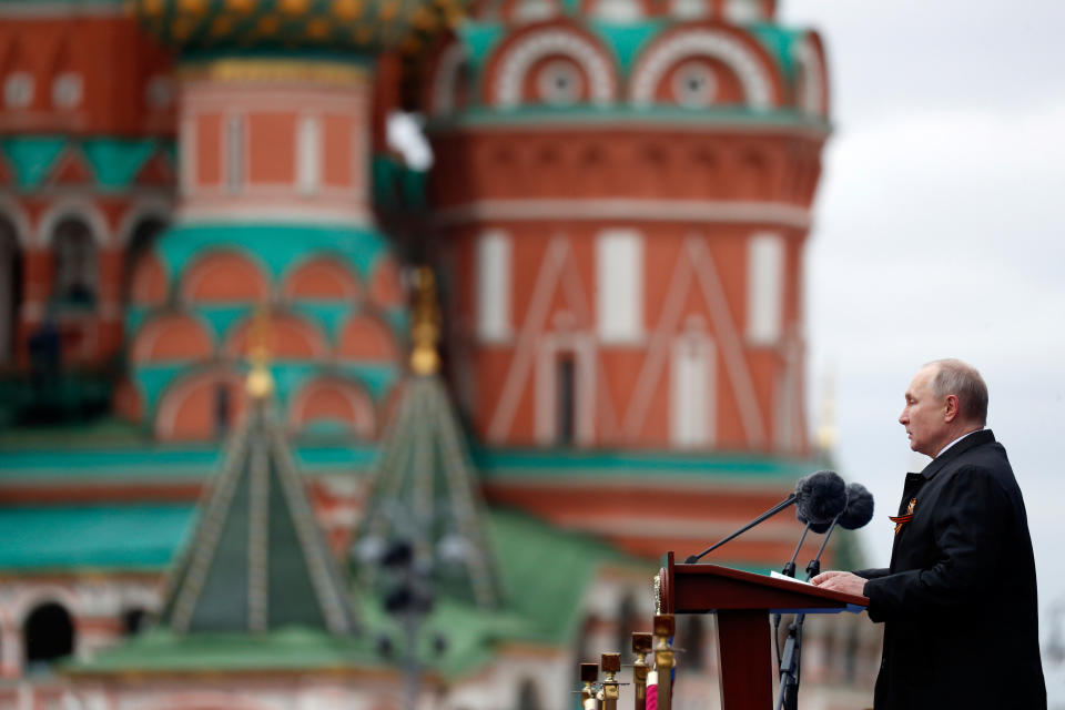 Russian President Vladimir Putin delivers his speech during the Victory Day military parade in Moscow, Russia, Sunday, May 9, 2021, marking the 76th anniversary of the end of World War II in Europe. (Mikhail Metzel, Sputnik, Kremlin Pool Photo via AP)