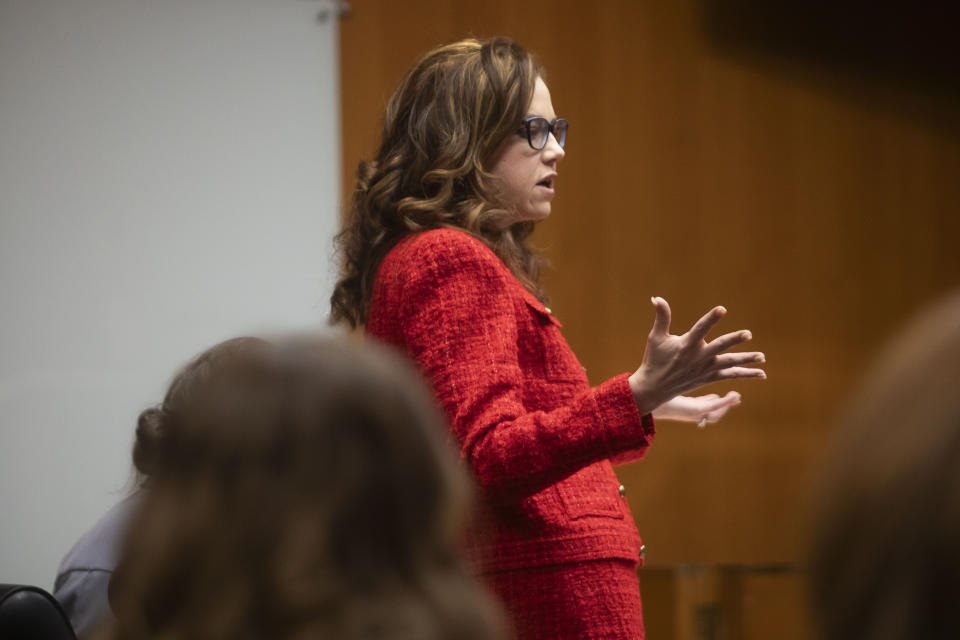 Defense attorney Shannon Smith speaks with judge Cheryl Matthews during a jury trial for Jennifer Crumbley at the Oakland County Courthouse on Wednesday, Jan. 31, 2024, in Pontiac, Mich. Crumbley is charged with involuntary manslaughter. (Katy Kildee/Detroit News via AP, Pool)