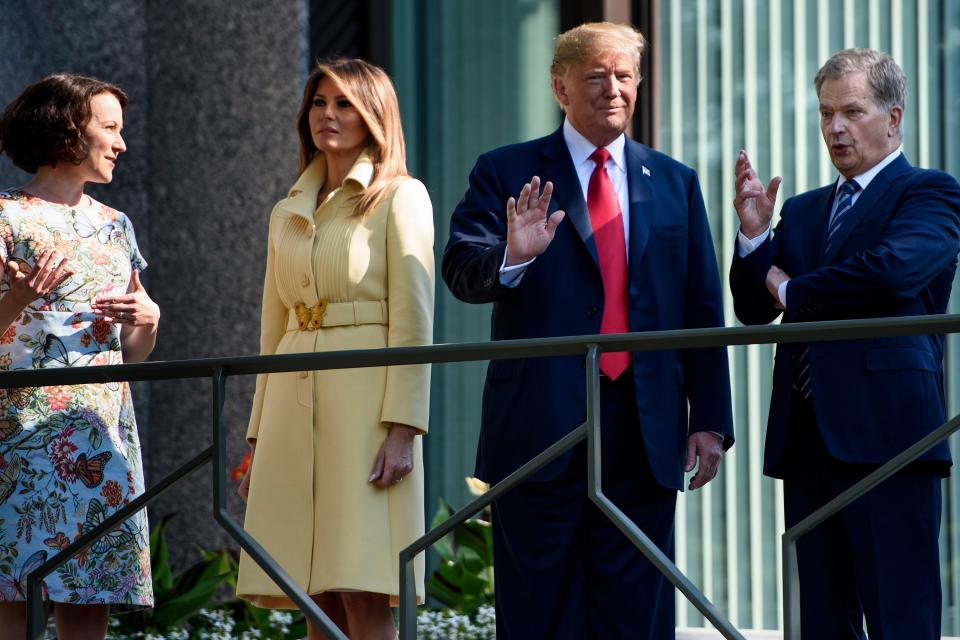 Melania joined her husband for his trip to Helsinki to meet Finnish President Sauli Niinisto and his wife, poet Jenni Haukio, opting for a lemon yellow Gucci coat costing £2,786. [Photo: Getty]