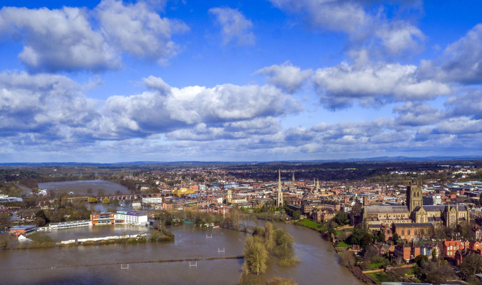 Flood water surrounds Worcester city centre , as residents in riverside properties in the area have been told to leave their homes and businesses immediately after temporary flood barriers were overwhelmed by water. (Photo by Steve Parsons/PA Images via Getty Images)