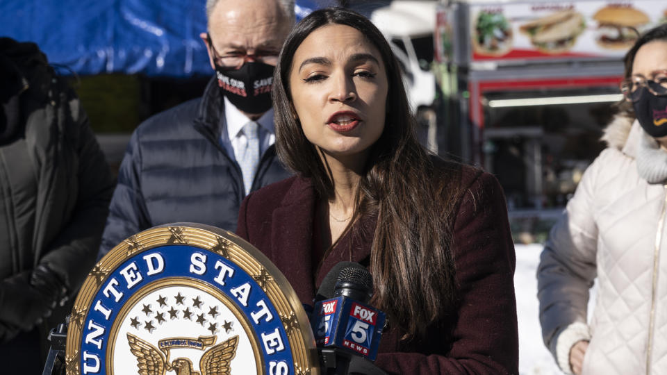 U. S. Representative Alexandria Ocasio-Cortez speaks during joint announcement with U. S. Senator Chuck Schumer at 103rd Street Corona Plaza. (Lev Radin/Pacific Press/LightRocket via Getty Images)