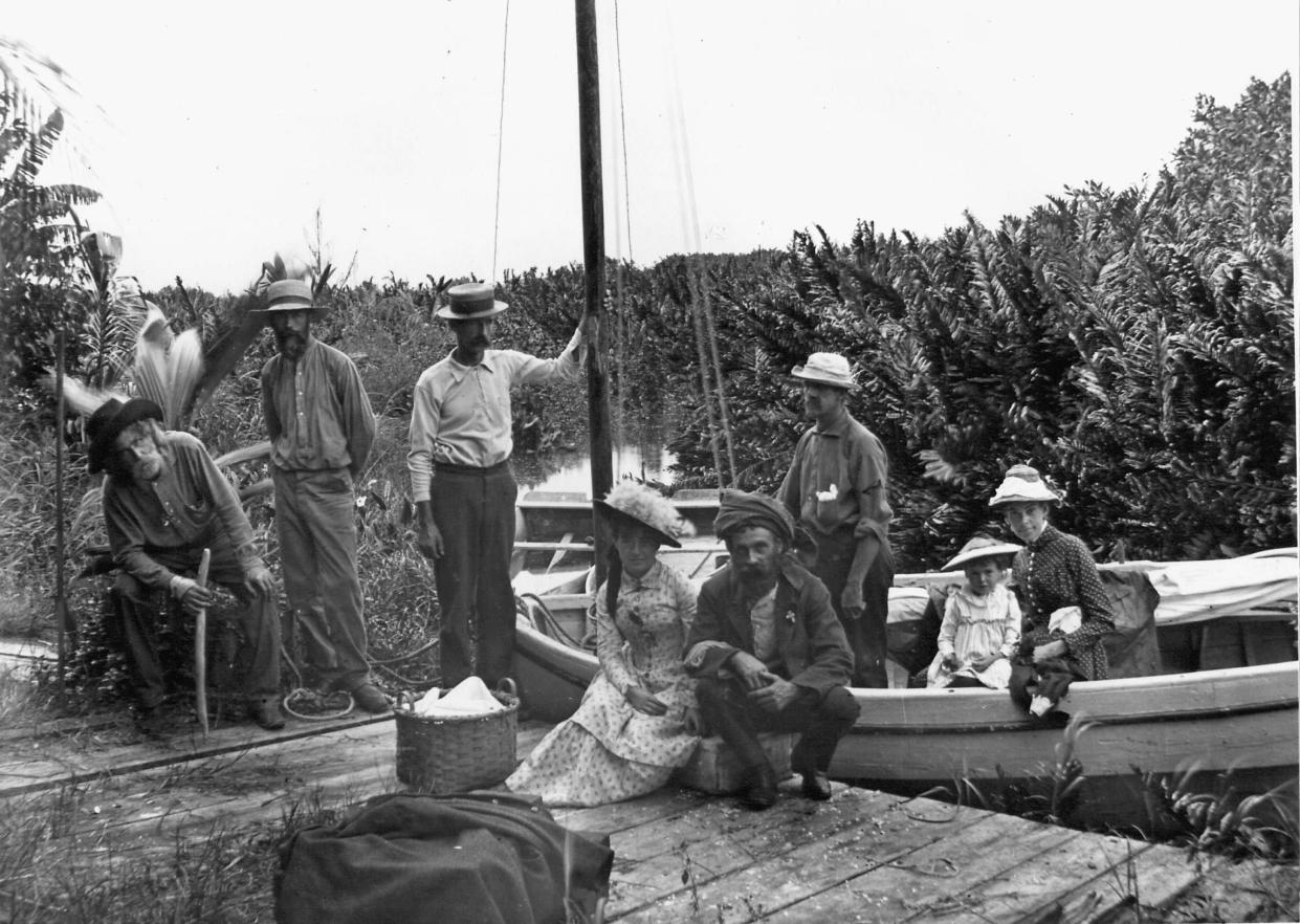 Early Palm Beach pioneers H.F. Hammond, (left to right) George W. Lainhart, George Wells Potter, an unknown woman, William Lanehart, Dr. Richard Potter, an unknown child and Ellen Potter posed for posterity in this family photo from the 1880s.