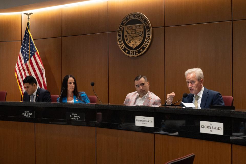 Dr. Peter McCullough (right) speaks during the Novel Coronavirus Southwestern Intergovernmental Committee event on May 25, 2023, in Senate Hearing Room 1 at the Arizona state Capitol in Phoenix.