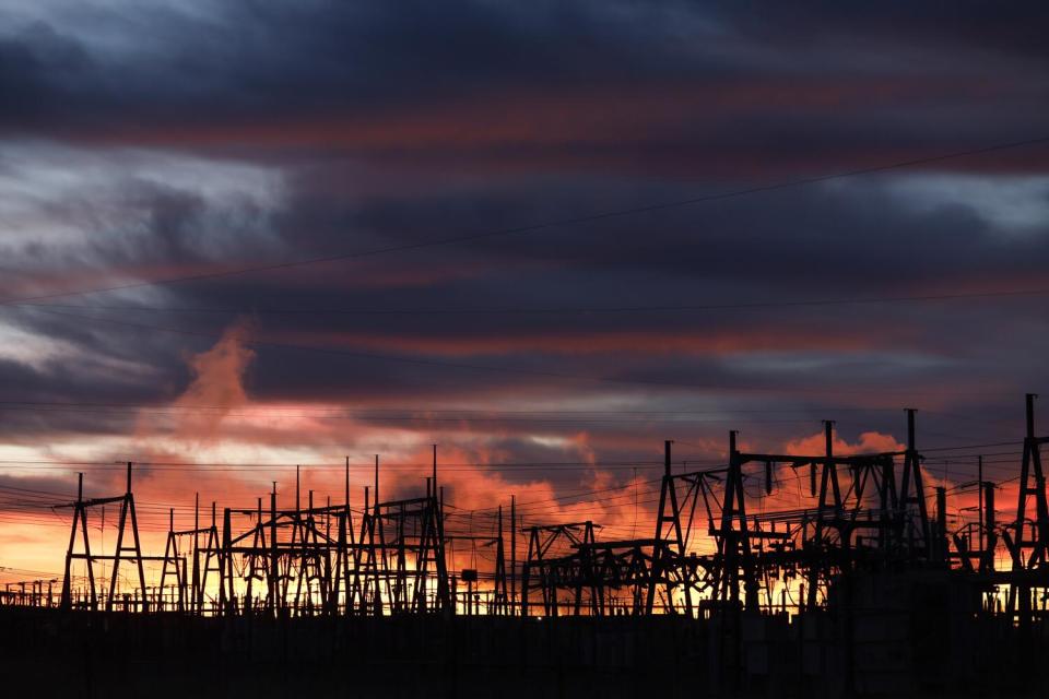 An electrical substation flanks the Colstrip power plant.