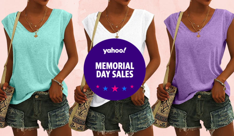 woman wearing tank top in 3 different colors: aqua, white, and purple