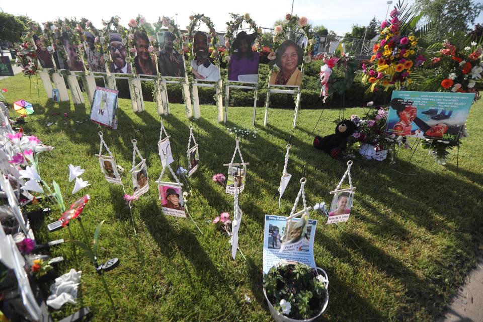 Large and smaller portraits of the 10 people killed in a racially motivated shooting at the Top Friendly Market on Jefferson Ave. in Buffalo, N.Y., were seen on May 23, 2022.