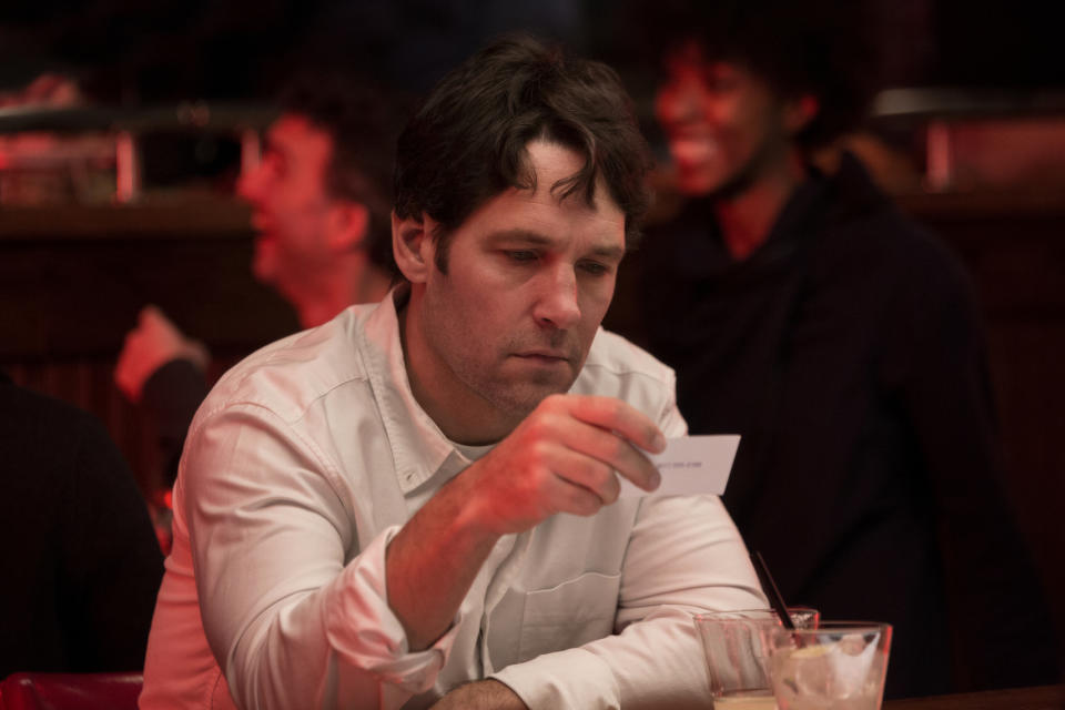 This image released by Netflix shows Paul Rudd in a scene from "Living With Yourself." On Monday, Dec. 9, 2019, Rudd was nominated for a Golden Globe for best actor in a comedy series. (Eric Liebowitz/Netflix via AP)