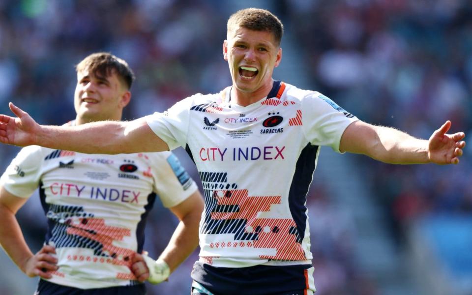 Owen Farrell of Saracens celebrates a try by Ivan Van Zyl during the Gallagher Premiership final with Sale Sharks - Getty Images/Clive Rose