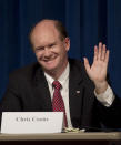 FILE - In this Thursday, Sept. 16, 2010, file photo, Delaware Democratic Senate candidate Chris Coons waves after being introduced during a candidate forum, in Wilmington, Del. On the national level, U.S. Sen. Chris Coons is facing a Democratic primary challenge from progressive newcomer Jessica Scarane, who believes Coons’ desire for bipartisanship has made him too willing to compromise with Republicans. (AP Photo/Rob Carr, File)