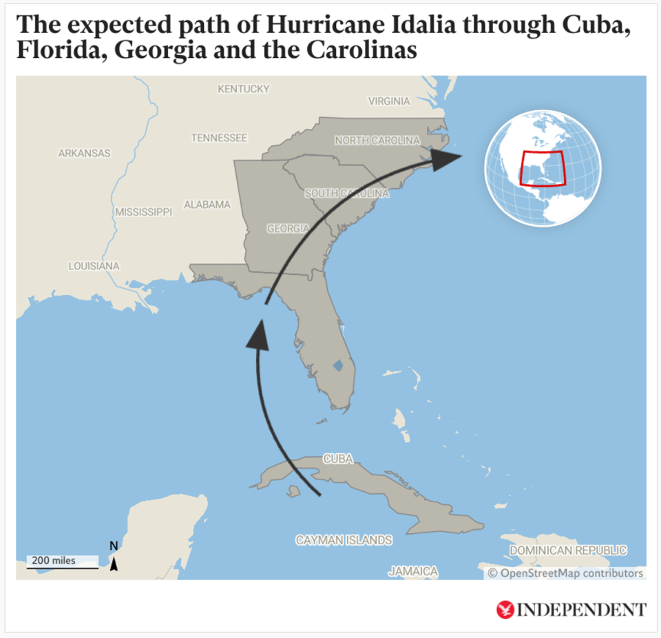 A map to show the expected route of Hurricane Idalia as it passes through Cuba, Florida, Georgia and the Carolinas into the Atlantic (The Independent/Datawrapper)