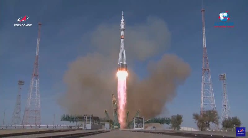 Soyuz MS-17 spacecraft carrying ISS crew blasts off from the launchpad at the Baikonur Cosmodrome