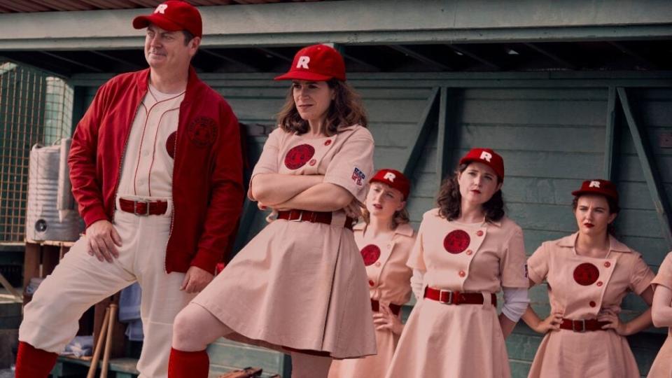 Nick Offerman as Coach Dove Porter and Abbi Jacobson as Carson Shaw in “A League of Their Own” (Prime Video)